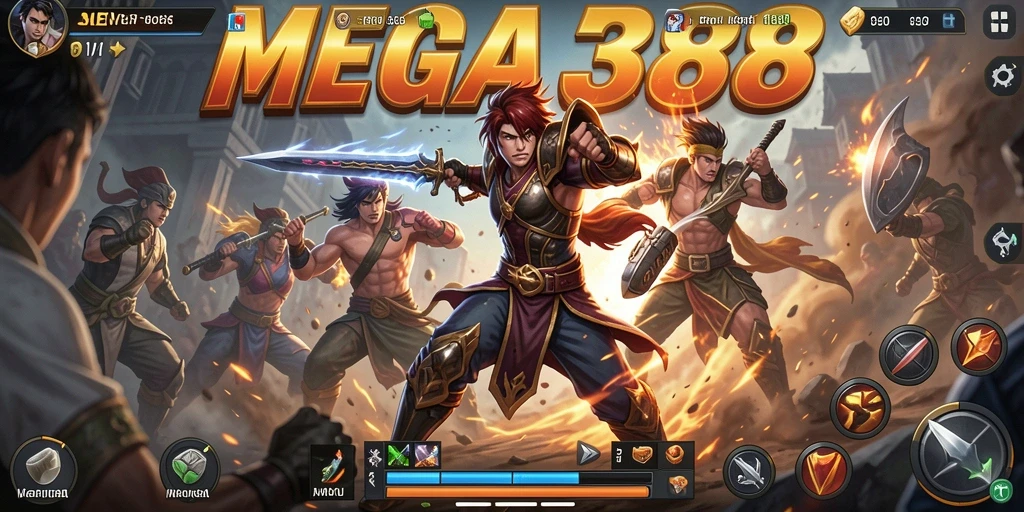 Screenshot utama MEGA388 menampilkan aksi pertarungan yang intens.