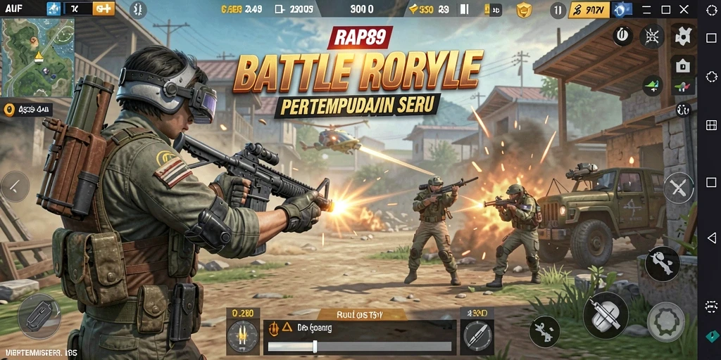 Screenshot gameplay RAP89 menampilkan aksi seru pertempuran Battle Royale.