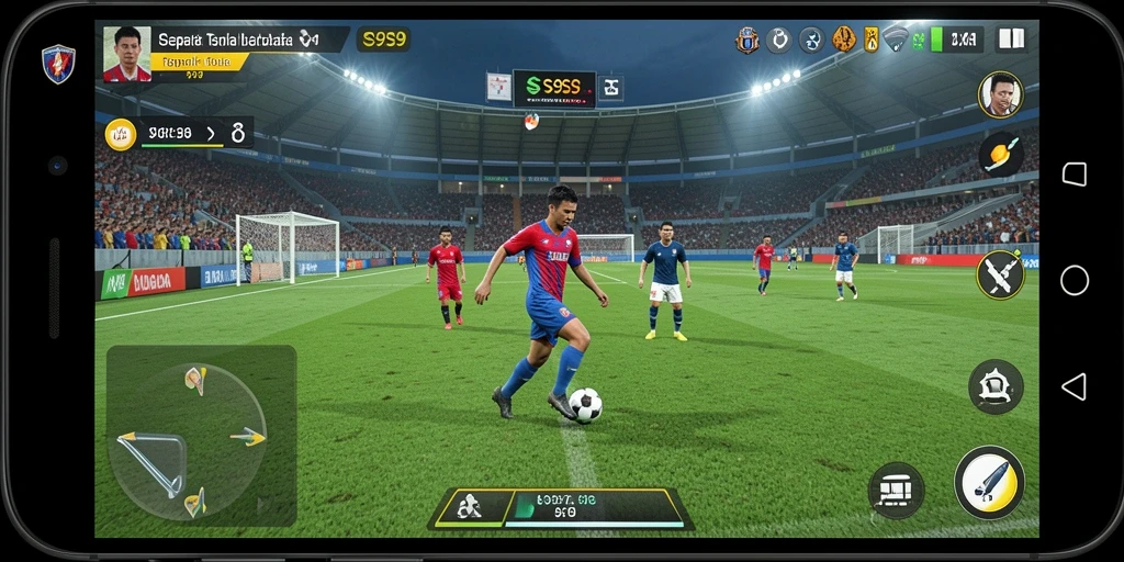 Screenshot gameplay S9S9 menampilkan aksi sepak bola yang mendebarkan.