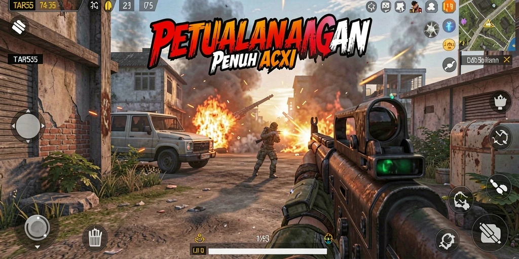 Tampilan aksi mendebarkan dalam gameplay TAR555, siap untuk pertempuran.