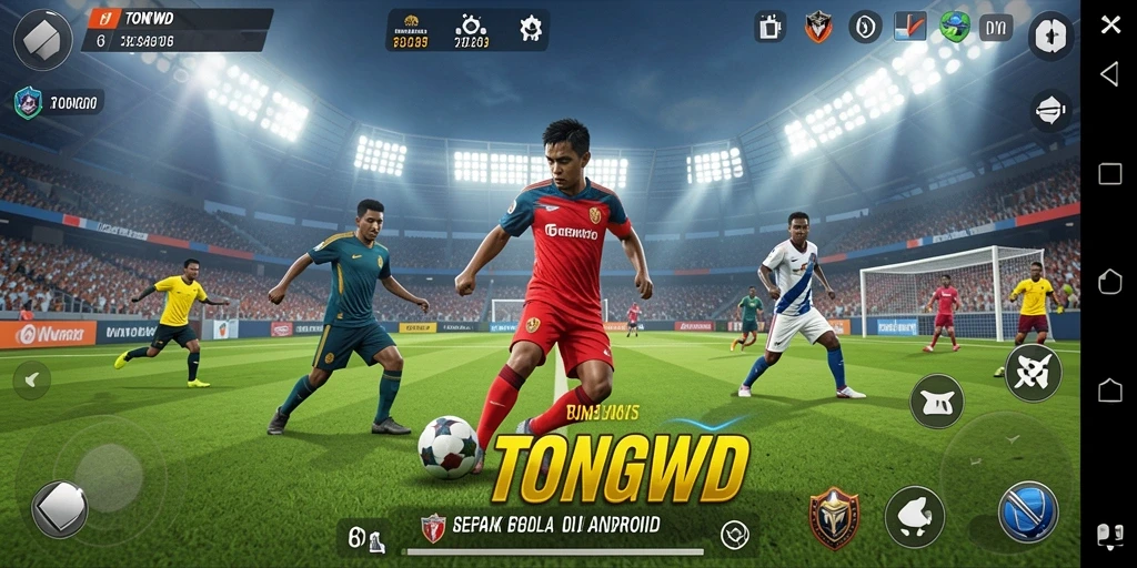 Screenshot gameplay TONGWD yang menunjukkan pertandingan sepak bola seru.